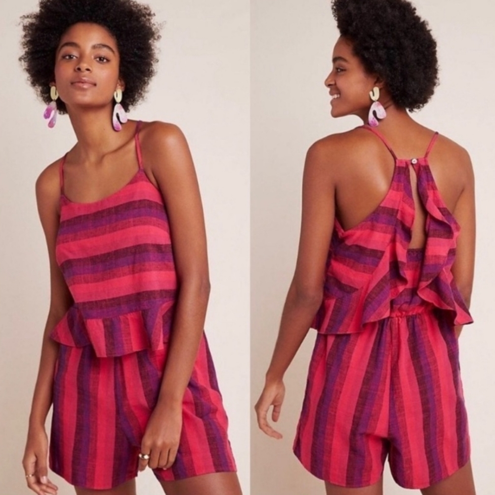 Anthropologie Amadi Melia Linen Stripe Shorts Ruffle Romper